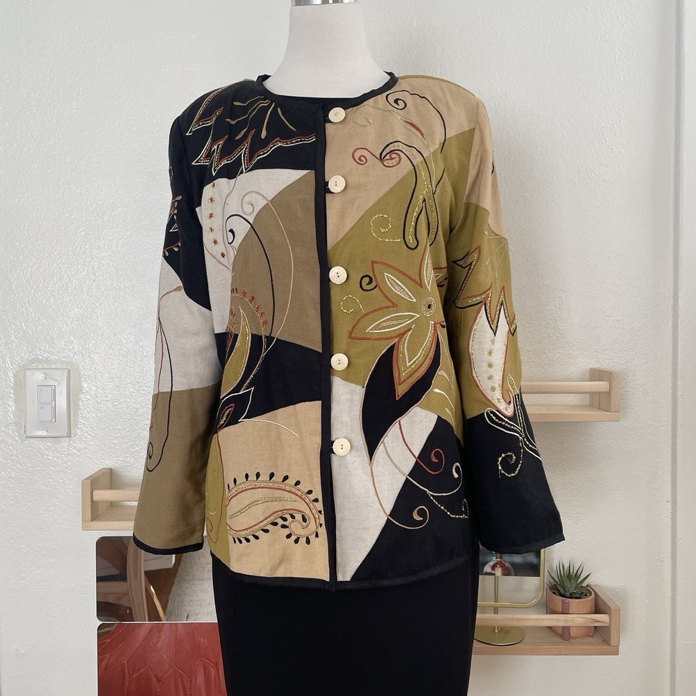 Vintage Indigo Moon Women's Embroidered‎ Patchwork Jacket S Art to Wear Eclectic